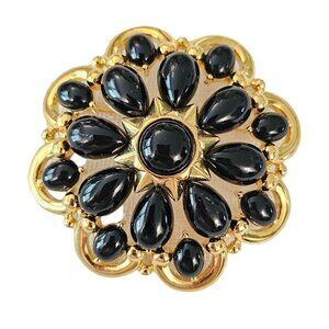Trifari TM Gold Tone Black Cab Lucite Domed Flower Starburst Brooch, Signed L285